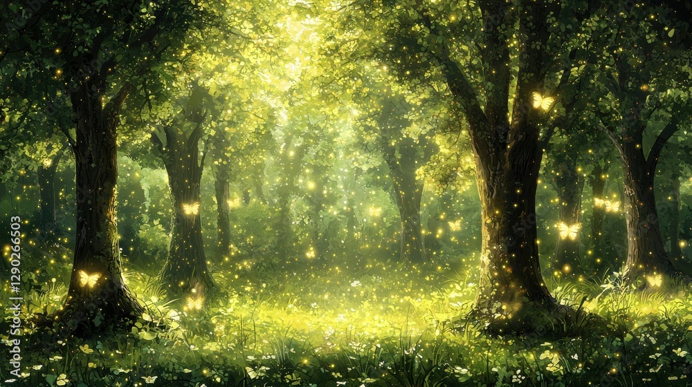 Fototapeta premium Enchanted Forest with Glowing Lights and Butterflies at Dusk
