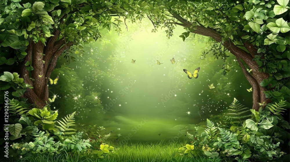 Fototapeta premium Lush Green Forest Scene with Beautiful Butterflies and Natural Light