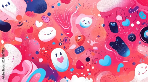 Colorful Abstract Background with Whimsical Characters and Shapes
