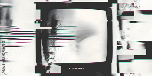 TV screen texture with glitch text SUBSCRIBE. HDTV no signal problems. Bad TV signal on TV screen Noise of motion background lines. Glitch VHS concept. Glitch camera effect. Video rewind texture