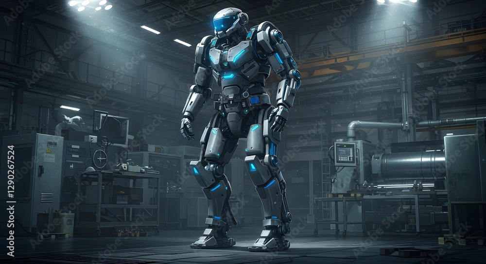 Futuristic Robot Standing in Industrial Factory Setting Futuristic Robot Standing in Industrial Factory Setting