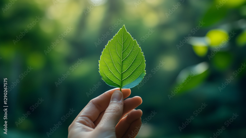 A hand holds a vibrant green leaf with prominent veins A hand holds a vibrant green leaf with prominent veins