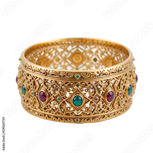 Ornate Gold Bracelet with Rubies and Emeralds
