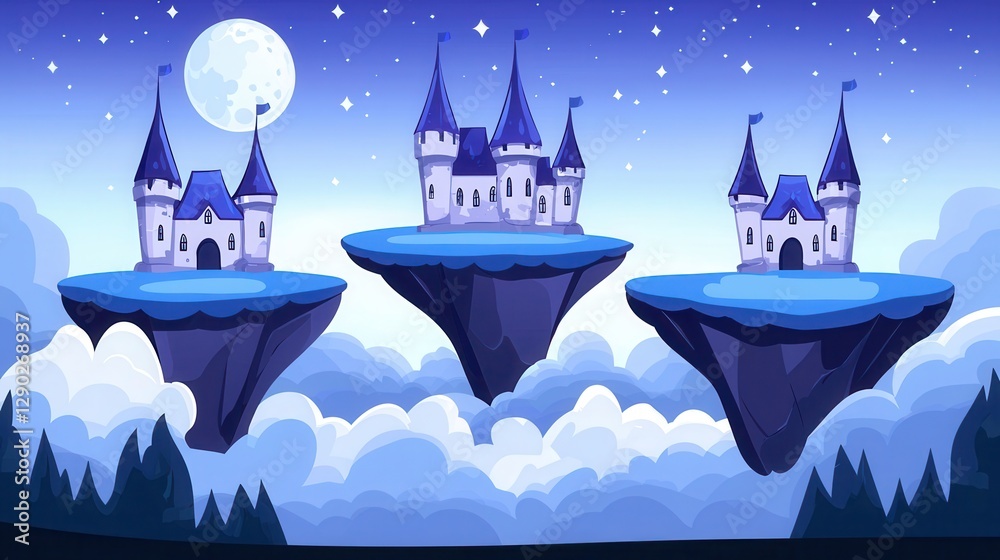 Naklejka premium Dreamy Floating Castles Under a Magical Night Sky