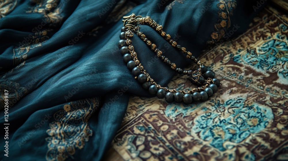 Obraz premium Elegant Jewelry on Luxurious Fabric with Rich Patterns and Textures