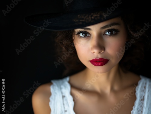 Mysterious Beauty: Portrait of a Woman in a Black Hat with Red Lips