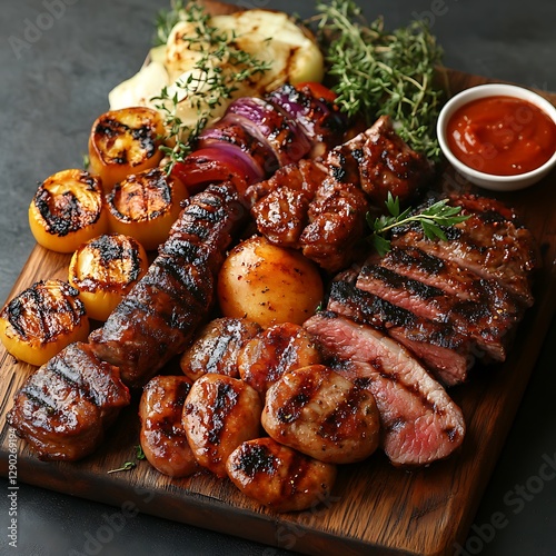 Grilled meats, vegetables, dark background, food photography, recipe photo