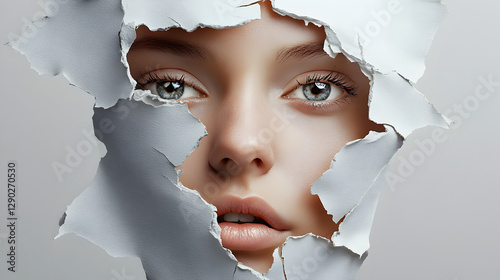 with delicate paper features being torn apart by an invisible force, revealing empty space 
