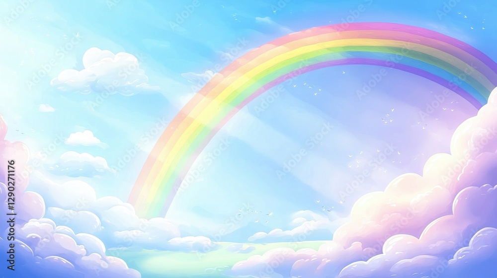 Colorful Rainbow Arching Across Clear Blue Sky with Soft Clouds Colorful Rainbow Arching Across Clear Blue Sky with Soft Clouds