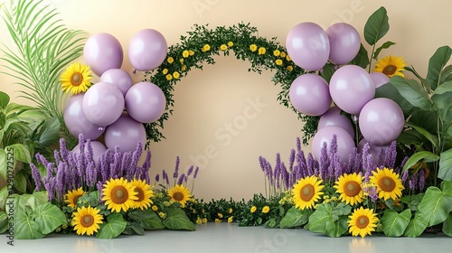 A minimalist backdrop featuring a large arch and clusters of lavender-colored balloons, surrounded by deep green plants and bright sunflowers, for a warm and elegant look.