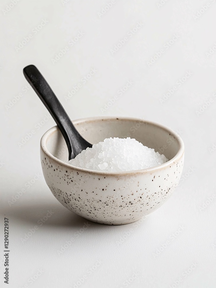 An elegantly designed ceramic salt cellar with a spoon, featuring a smooth texture, ideal for stylish kitchen decor and functional dining.