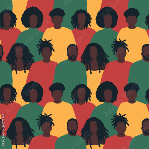 Black People Seamless Background. Black History Month Colors. Silhouettes of Different Men and Women. Pattern with People Iicons. Crowd. Vector illustration