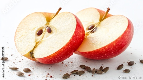 A neatly cut apple slice, with its seeds and core visible, displayed on a pure white background  photo