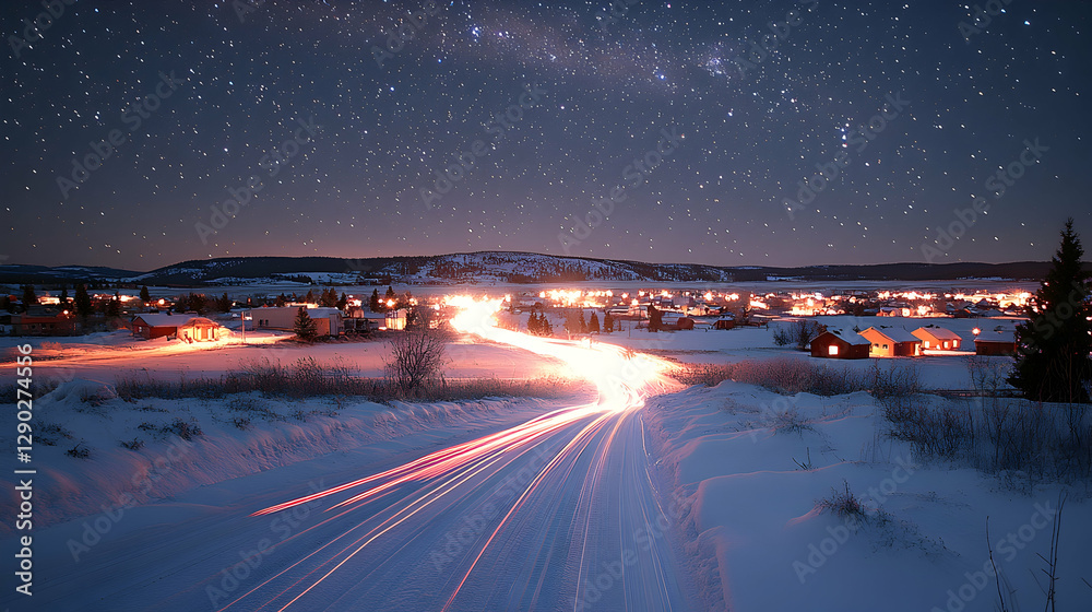 Fototapeta premium Starry Night Road Trip in Snowy Village