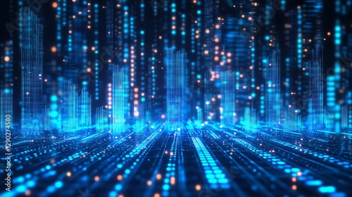 3D Glowing Blue Bar Graph Showing Upward Trend, A 3D bar graph with a glowing blue color, depicting an upward trend with an arrow at the end