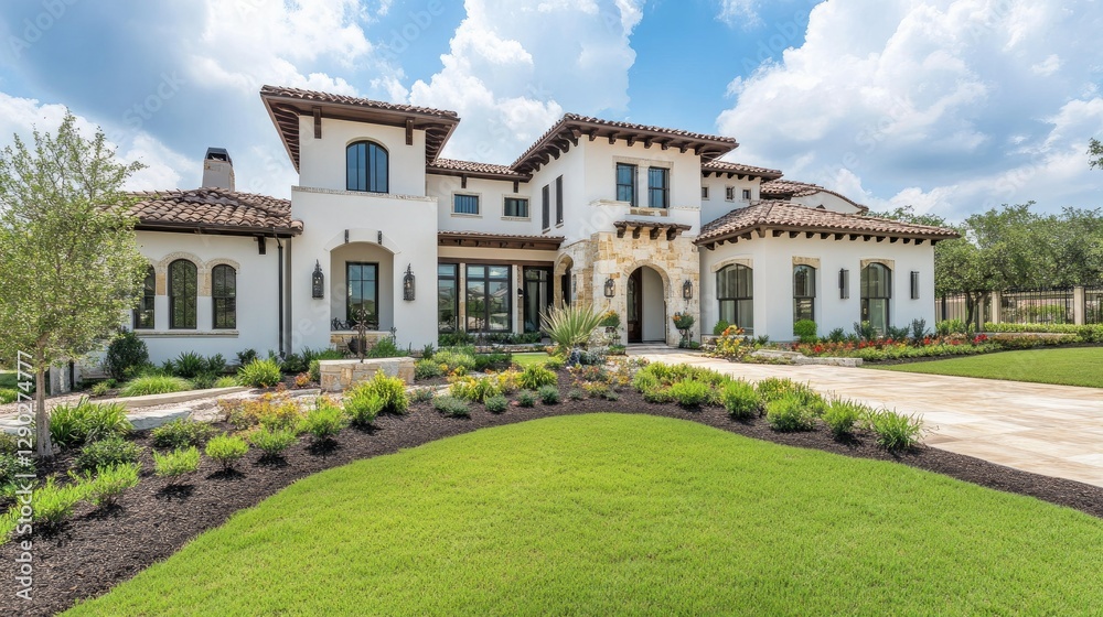 A luxurious house with a large front yard, white walls, and brown window trims in a peaceful neighborhood A luxurious house with a large front yard, white walls, and brown window trims in a peaceful neighborhood