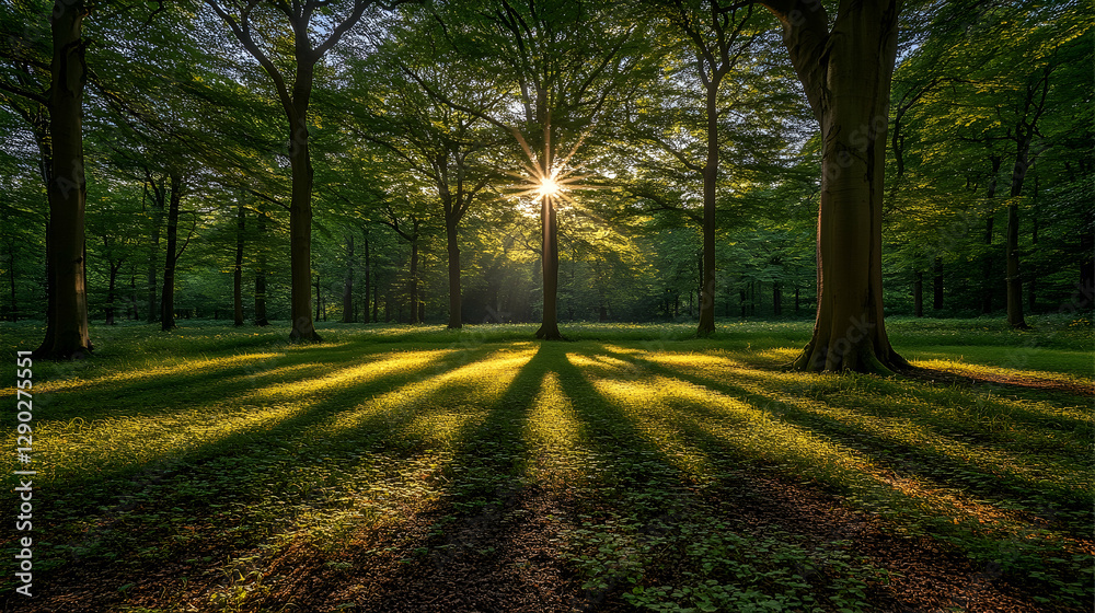 Fototapeta premium Sunlight filters through forest canopy, casting shadows