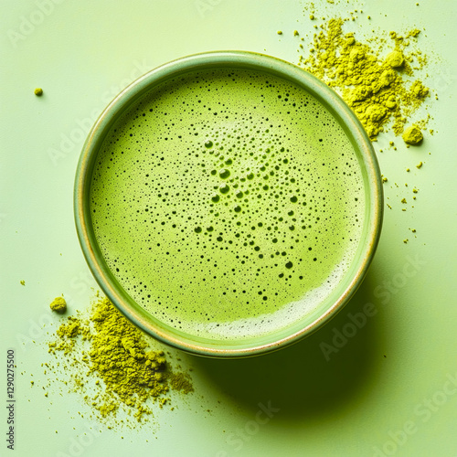 Vibrant matcha tea in a frothy bowl stands out against a pastel yellow background, inviting a fresh and healthy indulgence in the essence of tropical nature