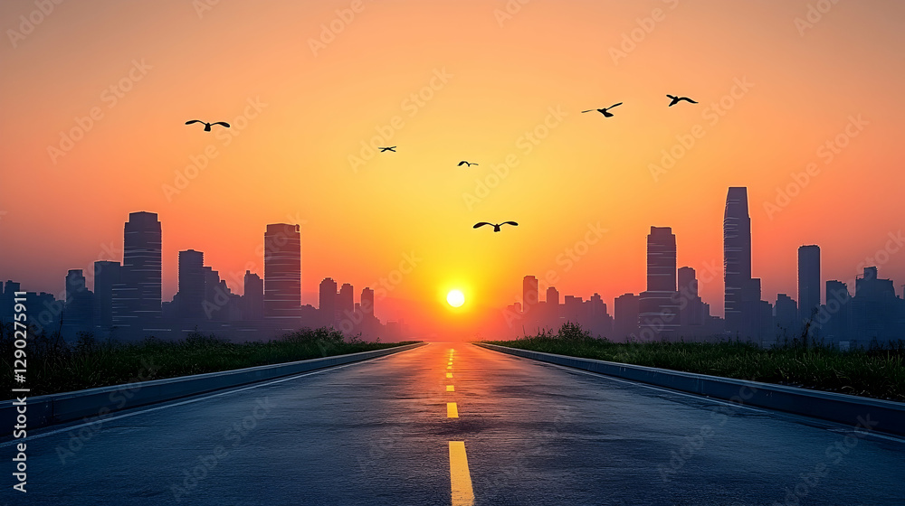 Naklejka premium Sunrise city road birds