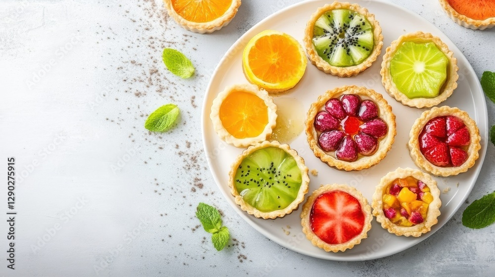 Fresh and Colorful Fruit Tart Desserts on a Light Background Ready for a Summer Celebration or Event Fresh and Colorful Fruit Tart Desserts on a Light Background Ready for a Summer Celebration or Event