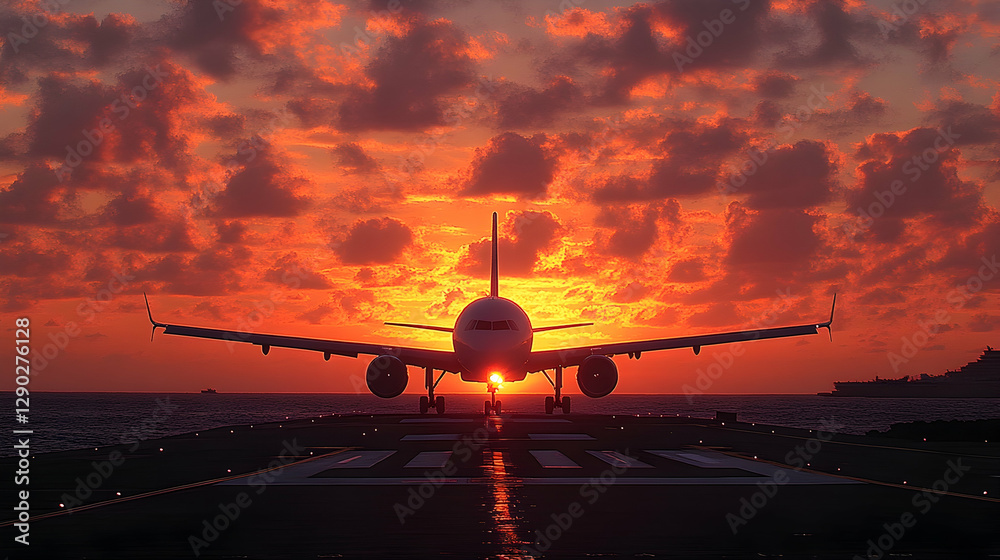 Sunrise landing airplane runway ocean Sunrise landing airplane runway ocean