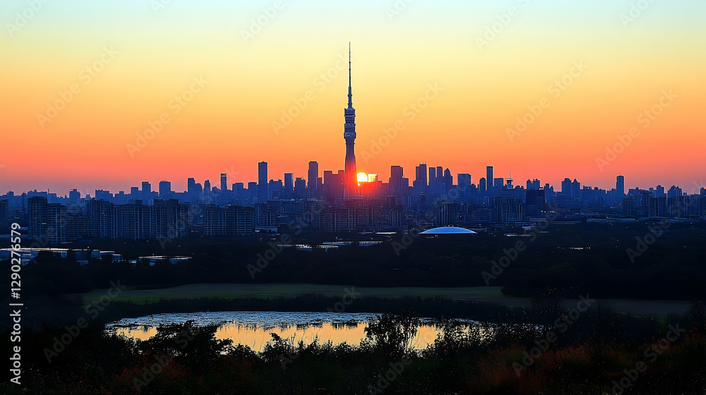 Naklejka premium Sunrise over cityscape silhouette