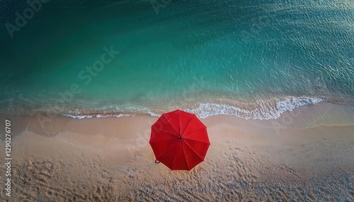 aerial view of a red beach umbrella on the sandy shore of a tropical beach with clear turquoise water