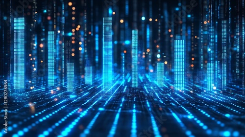 3D Glowing Blue Bar Graph Showing Upward Trend, A 3D bar graph with a glowing blue color, depicting an upward trend with an arrow at the end