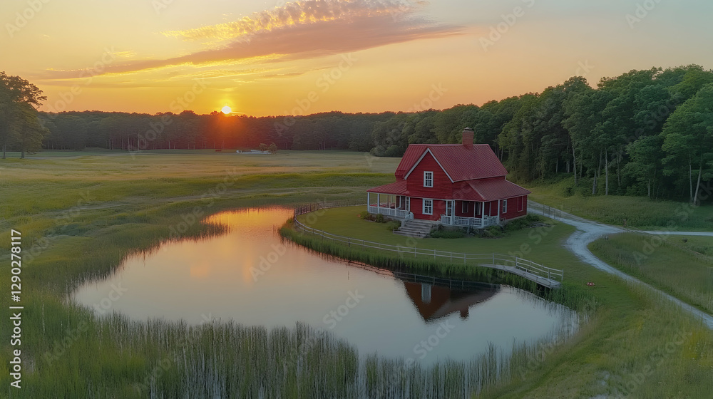 Fototapeta premium Sunset over red house by pond, rural landscape