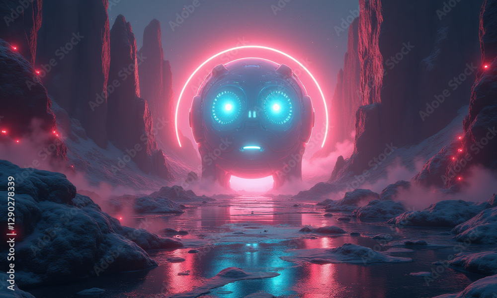 Obraz premium Neon Robot in Alien Landscape - Cyberpunk