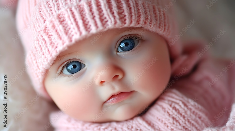 Baby girl in pink hat, close-up portrait Baby girl in pink hat, close-up portrait