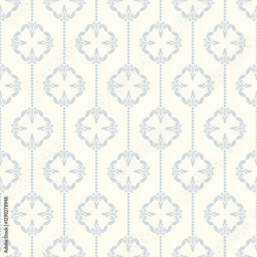 This fabric pattern features a light beige background, light blue accents and intricately symmetrical floral patterns, perfect for adding elegance to wallpaper, fabric or other decor.