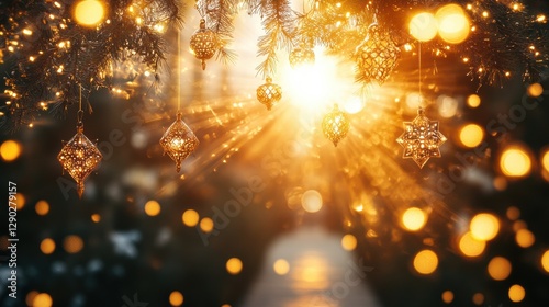 Magical Christmas Decorations with Bokeh Effect and Sunlight