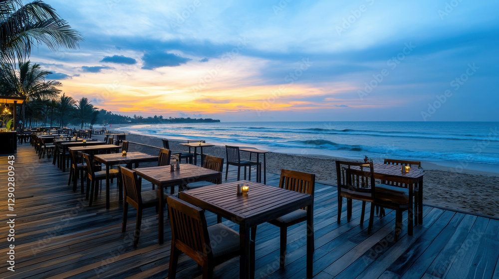 Elegant beachfront restaurant with wooden tables overlooking serene ocean at sunset Elegant beachfront restaurant with wooden tables overlooking serene ocean at sunset