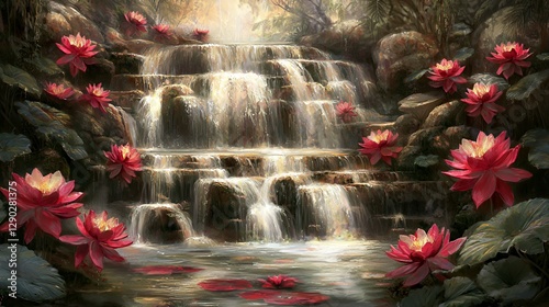 Serene Waterfall Cascading Through Lush Jungle with Red Lotus Flowers
