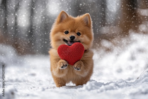 Finnish spitz - my treasured dog, symbol of friendship. Ad campaign animal concept art. Cute finnish spitz pup with domestic animal toy red heart on a walk in a winter green space. photo