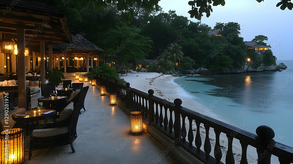 Obraz premium Tropical beachside restaurant at twilight