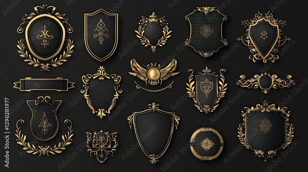 collection of black and golden design elements - shields, labels, seals, banners, badges, scrolls and ornaments collection of black and golden design elements - shields, labels, seals, banners, badges, scrolls and ornaments