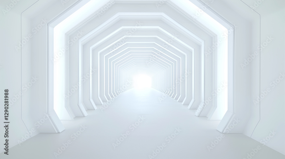 Fototapeta premium A futuristic white corridor with symmetrical hexagonal frames and glowing depth