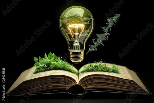 A conceptual photo of a light bulb above an open vintage book with dark background elements, integrating forex trading and investment analysis.