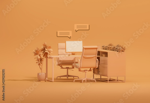 Minimal Office Desk with bubble talk in Pastel orange brown Trend color 2025. Stylish Workplace, Teamwork. Mockup Template, 3D Rendering.
