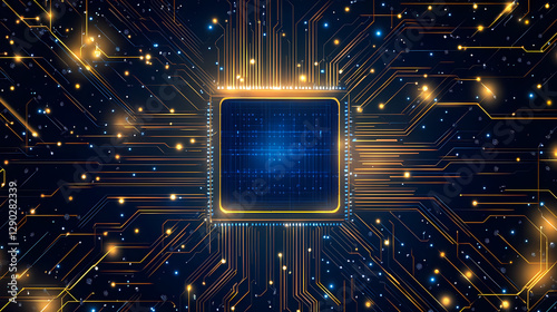 Blue and gold futuristic circuit close-up