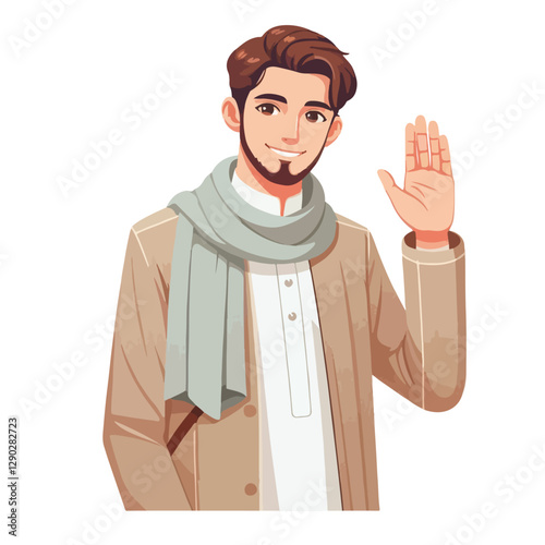 vector of friendly Muslim characters greeting the month of Ramadan