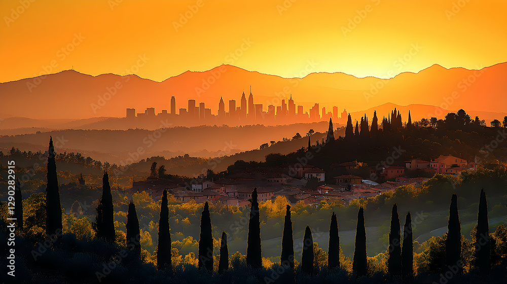 Obraz premium Tuscan Sunrise Over Cityscape Mountains