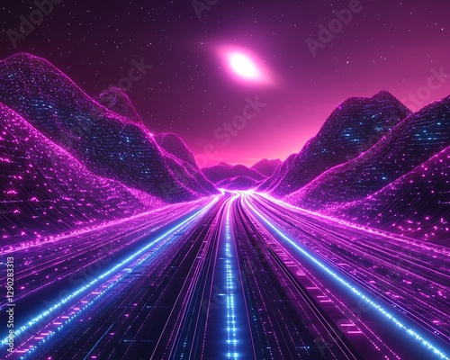 Neon road, futuristic mountains, night