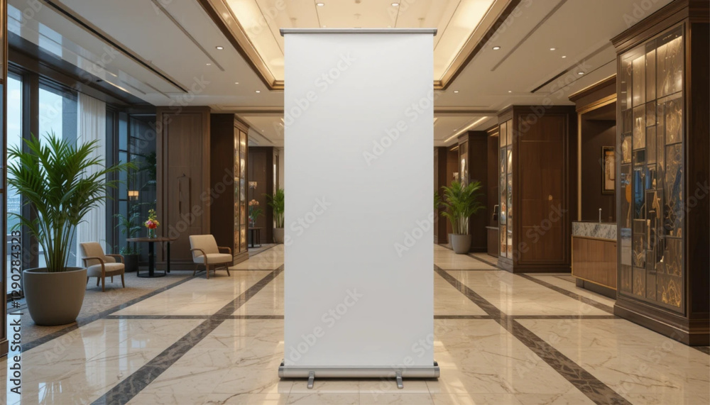 Obraz premium Vertical Blank Advertising Banner in a Modern Hotel Lobby with Glass Walls