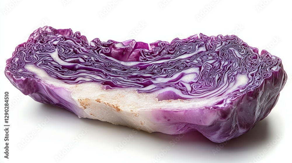 Obraz premium A crisp slice of red cabbage, intricate purple and white textures, isolated on white 