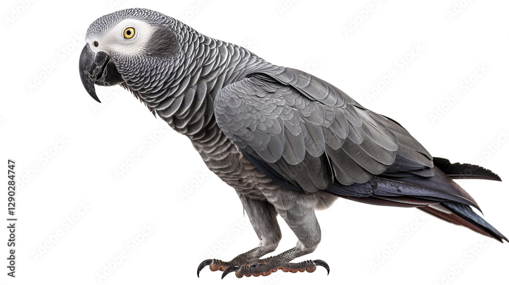 Fototapeta premium Captivating African Grey Parrot Standing in Profile Against a White Background