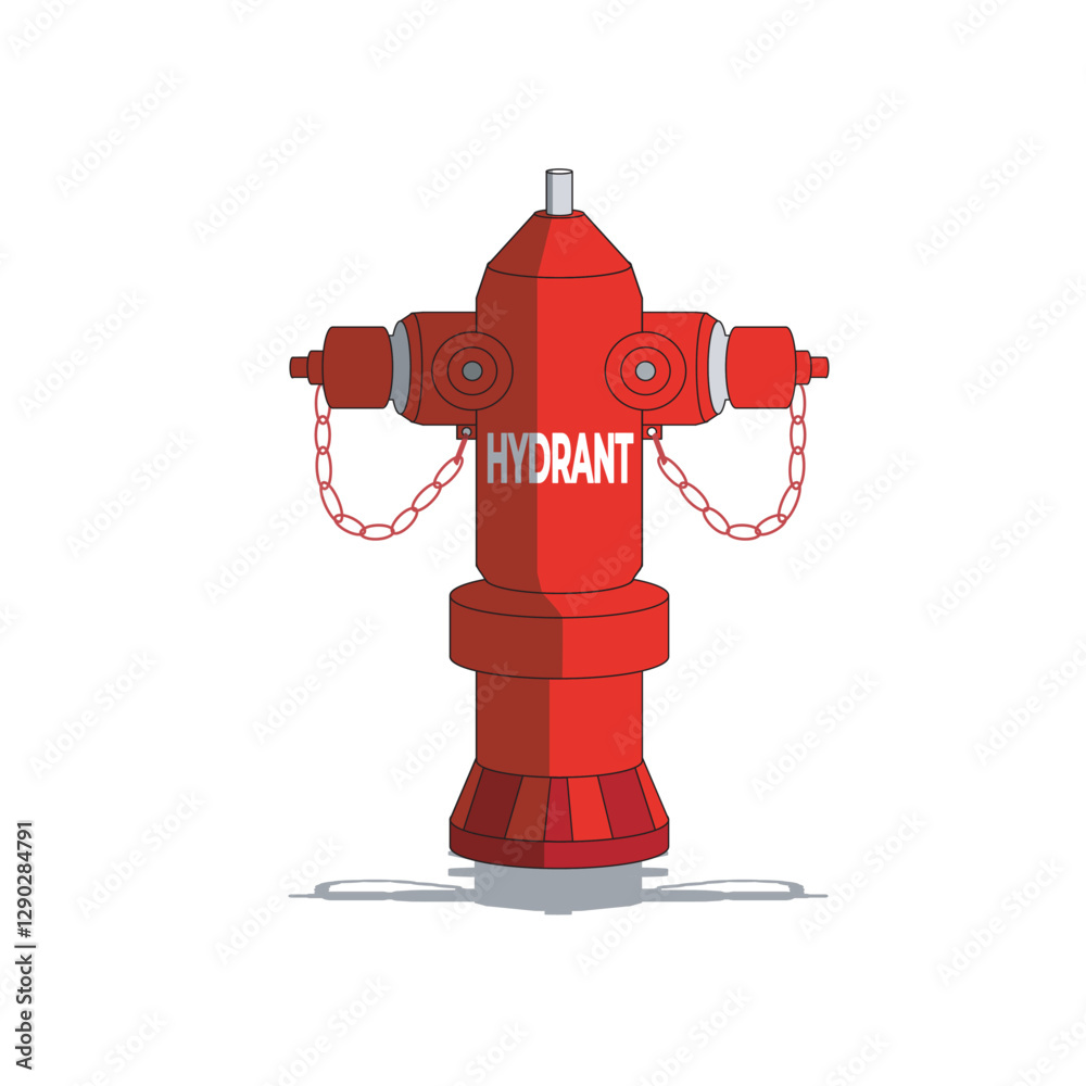 Fototapeta premium A vector illustration of a red fire hydrant with metal chains. Represents firefighting equipment, emergency safety, and urban infrastructure, commonly found on streets for fire protection.