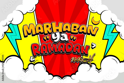 Marhaban Ya Ramadan Illustration with Decorative Cloud and Crescent Moon Design
